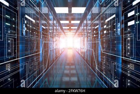 Server racks in computer network security server room data center, 3d rendering. Computer digital drawing. Stock Photo