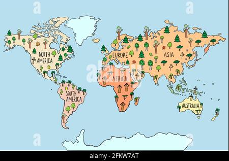 Colored Hand drawn doodle map with trees. Maple tree, pine, birch, palm, sacura. World flora. habitats Vector illustration Stock Vector