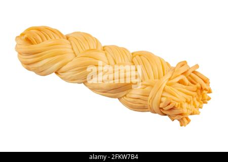 Smoke-dried braided cheese piece isolated on white background Stock Photo