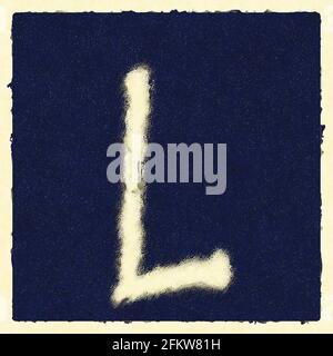 square graphic with the upper-case character L as hazy capital letter on midnight blue background Stock Photo