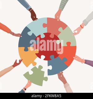 Missing link.Arms of hands of people or co-workers of diverse races holding jigsaw puzzle pieces that connect. Problem solving.Union and teamwork. Stock Vector
