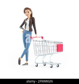 3d cartoon woman leaning against shopping cart, illustration isolated on white background Stock Photo