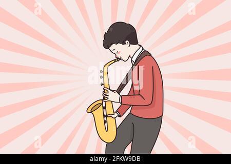 Musician and playing saxophone concept. Small positive man boy cartoon character musician standing and playing saxophone music melody vector illustrat Stock Vector