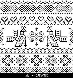 Slovak tribal folk art vector seamless geometric two patterns with brids swirls, zig-zag shapes inspired by traditional painted art from village Cicma Stock Vector