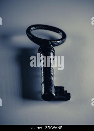 Grayscale photo of golden key isolated on white background. Old rusty door key. Antique gold key. Metal silver key. Selective focus. Stock Photo