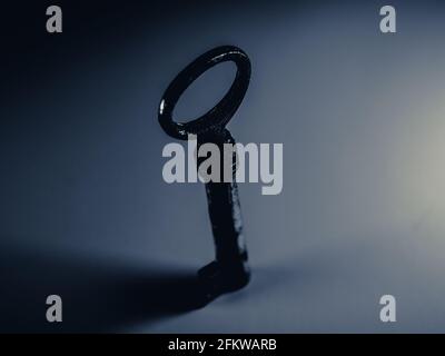 Grayscale photo of golden key isolated on white background. Old rusty door key. Antique gold key. Metal silver key. Selective focus. Stock Photo