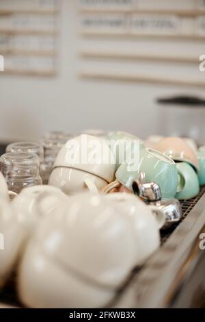 many clean cups in the coffee shop Stock Photo