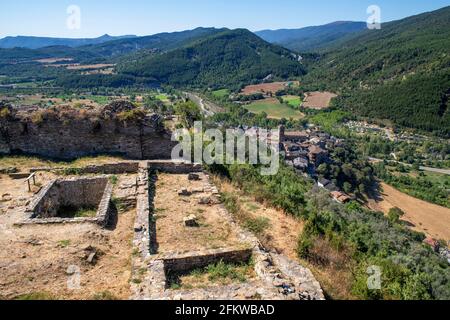 Ruins of the abandoned castle in the rural town of Boltaña a picturesque and small village in Huesca, Spain Stock Photo