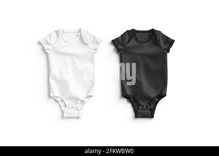 Blank black and white half sleeve baby bodysuit mockup lying, 3d rendering. Empty childhood babygro with buttons mock up, isolated, top view. Clear co Stock Photo