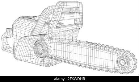 Petrol chain saw. Professional instrument, working tool. Technical illustration wire-frame. Vector rendering of 3d Stock Vector