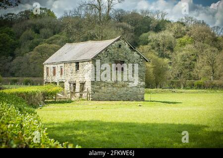 A dilapidated stone built barn on a farm in North Wales Stock Photo