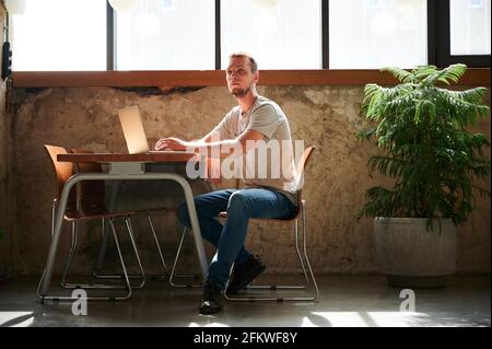Young handsome man with beard sitting on chair and working or studying in laptop at home or cafe. Concept of process pensive working. Stock Photo