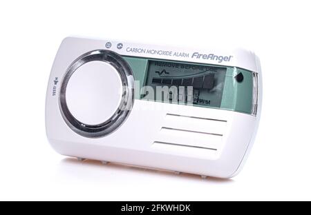 SWINDON, UK - MAY 3, 2021: Fire Angel CO Carbon Monoxide Alarm on a White Background Stock Photo