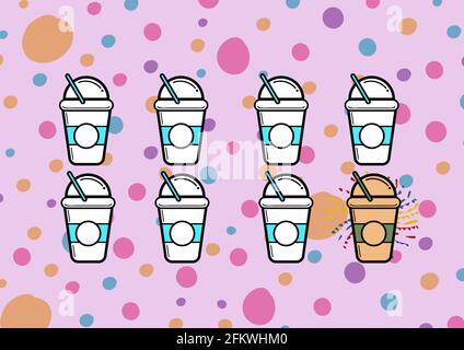 Illustration of eight takeaway drinks on loyalty card on multicoloured spots on pink background Stock Photo