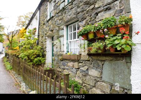 Houses of Stonethwaite village, beautifully decorated with flowers and greenery. Small village situated in the valley of the Stonethwaite Beck. Explor Stock Photo