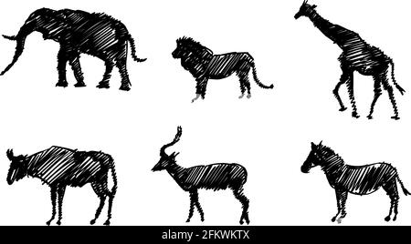 Set of Sketchy Silhouettes of Animals of Africa. Elephant, Giraffe, Lion, Impala, Zebra and Gnu. Stock Vector