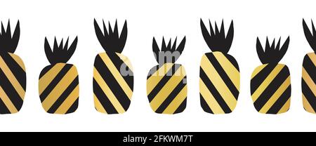 Pineapples gold seamless vector border. Repeating elegant horizontal black metallic gold foil summer fruit pattern. Hand drawn exotic fruit isolated Stock Vector