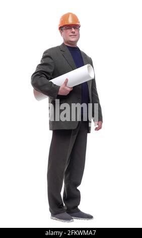 in full growth. male architect with a roll of drawings looking at you. Stock Photo