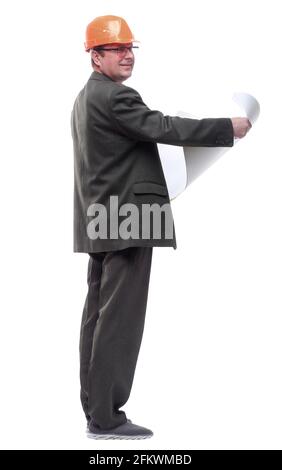side view. man with a roll of drawings looking at you. Stock Photo