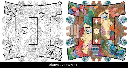 Gemini zodiac sign with mandala, astrology concept art. Tattoo design. Color and outline set Stock Vector