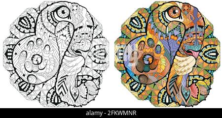 Leo zodiac sign with mandala, astrology concept art. Tattoo design. Color and outline set Stock Vector
