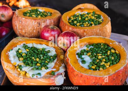 Traditional curanto food Rellenos with squash pumpkins Stock Photo