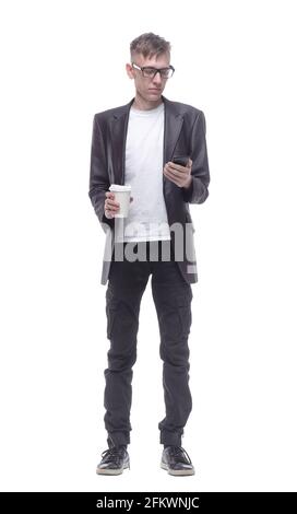 in full growth. guy with a takeaway coffee looking at you. Stock Photo