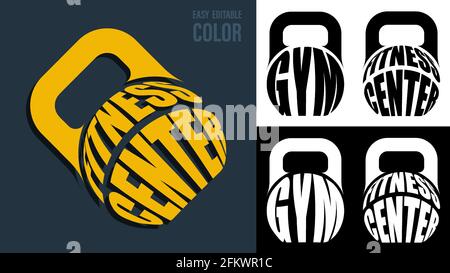 Volumetric letters with FITNESS CENTER name on backdrop of round kettlebell for sport. Element for print and design of sports competitions. Isolated v Stock Vector
