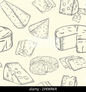 Cheese pattern, sketch. Various types of cheese, vector. Continuous background with dairy products. Pieces, heads and slices of cheese. Hand drawing. Stock Vector