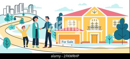 Mother and son buy or rent new country house or cottage. Realtor man signs a contract to sell the house, Moving to new home, vector illustration Stock Vector