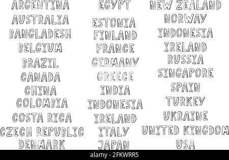 The names of the countries of the world. European cities. Hand letter Stock Vector