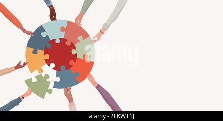 Missing link.Arms of hands of people or colleagues of diverse culture holding jigsaw puzzle pieces that connect.Problem solving.Teamwork.Union. Match Stock Vector