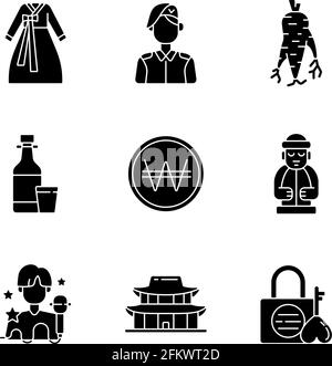 Culture of Korea black glyph icons set on white space Stock Vector