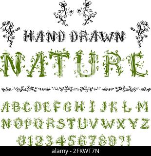 Nature theme hand drawn pencil sketched font:  characters like  trees with leaves, vector illustration Stock Vector