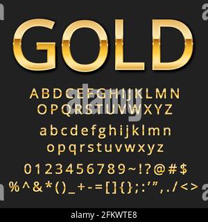 Gold  font set. Letter, nubers and special symbols. Uppercase and lower case, vector. Stock Vector