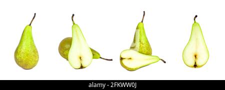 Fresh green organic whole pear close up set isolated on white background. Stock Photo