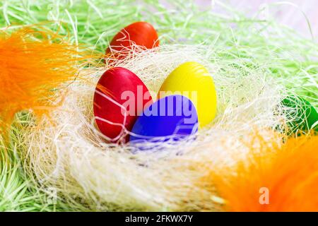 Colorful painted Easter eggs decorations in the nest on light green background. Stock Photo