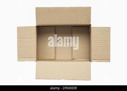 Top view of small brown paper box opened, inside is empty, isolate object on white background, copy space for text and graphic. Stock Photo