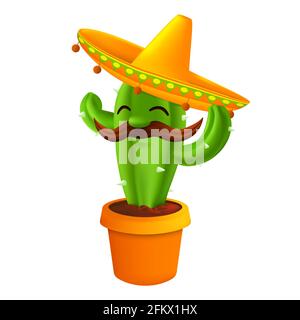 Mexican cactus with mustaches in a sombrero hat. Funny cartoon character isolated on white background. Vector illustration to 5th of May Cinco de Mayo Stock Vector
