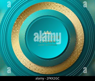 Vector turquoise and gold abstract round luxury frame. Geometric golden pattern, sparkling sequins on blue green background. Premium label bright Stock Vector