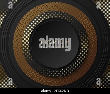 Vector black and gold abstract round luxury frame. Geometric golden pattern, sparkling sequins on black background. Premium label design. Stock Vector