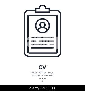 Curriculum vitae document editable stroke outline icon isolated on white background flat vector illustration. Pixel perfect. 64 x 64. Stock Vector