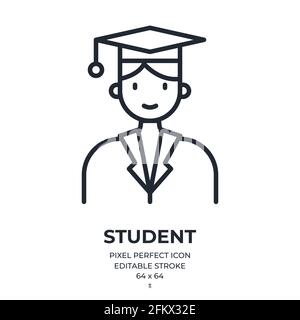 Graduated student editable stroke outline icon isolated on white background flat vector illustration. Pixel perfect. 64 x 64. Stock Vector