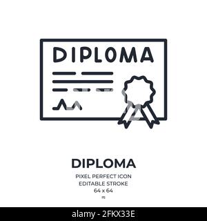 Diploma or license concept editable stroke outline icon isolated on white background flat vector illustration. Pixel perfect. 64 x 64. Stock Vector