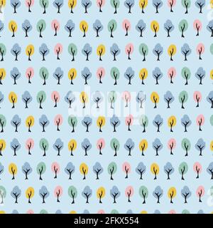 Vector cute pastel blue trees pen sketch polka dot seamless pattern background. Suitable for textile, gift wrap and wallpaper. Stock Vector