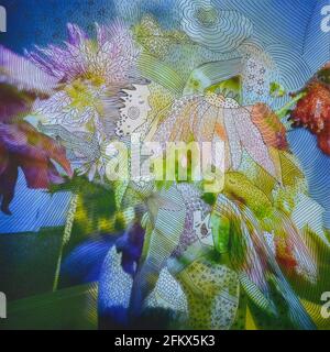 Hand drawn fantasy on photography. Mixed media artwork. Fairy tale. Flowers and faces. Stock Photo