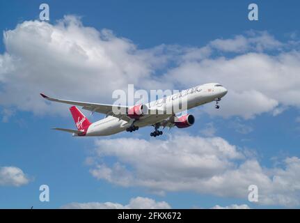 Virgin Atlantic Airbus A350-1041 aircraft landing at Heathrow Airport, Stock Photo