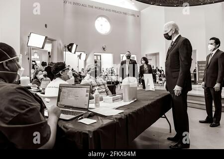 President Joe Biden tours a vaccination site on Tuesday, April 6, 2021, at the Immanuel Chapel at the Virginia Theological Seminary in Alexandria, Virginia. (Official White House Photo by Adam Schultz) Stock Photo