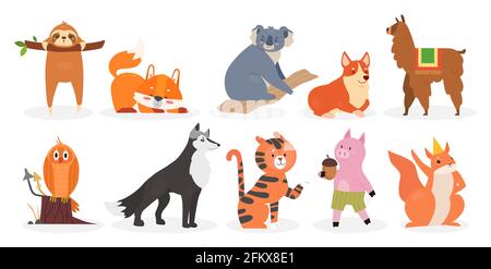 Cute wild or farm animal set, sloth hanging on tree branch, forest fox wolf tiger owl Stock Vector