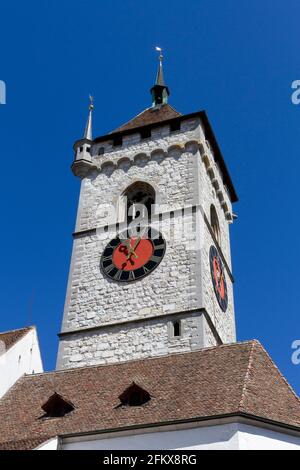 Tower Of Church St, Johann In Schaffhausen, Switzerland Stock Photo